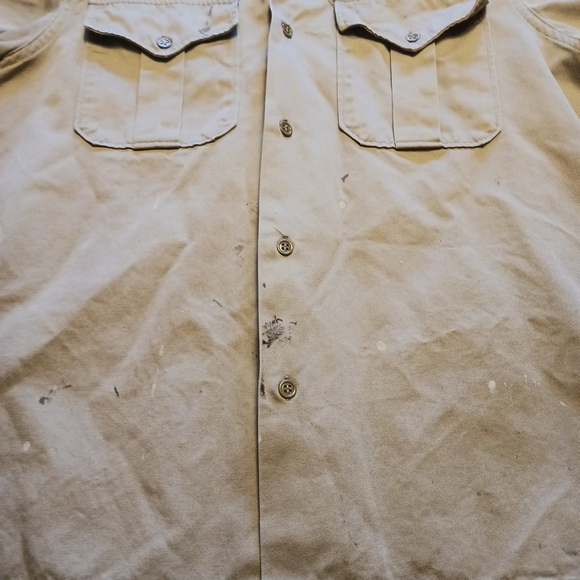 THRASHED VTG Men's M Khaki Canvas Army Button Up Short Sleeve Shirt 15-15.5 - Picture 2 of 7
